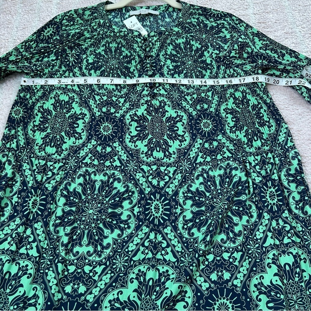 NWT LOFT Green Navy Long Sleeve Dress Knee Length Plisse Pleat Puff Sleeve Small - Picture 7 of 13